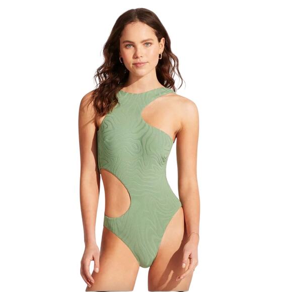 Seafolly Cut-Out One Piece - Second Wave Green NWOT USA Size 12 - Picture 2 of 9